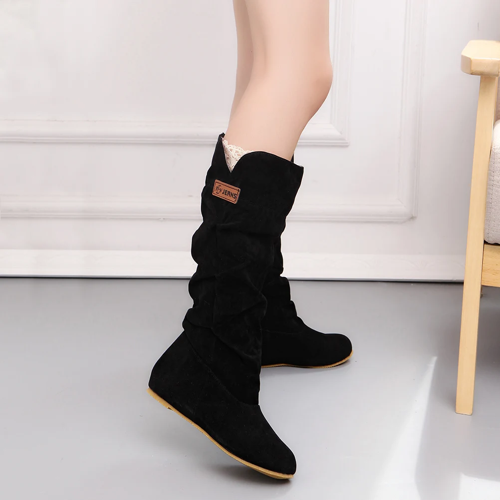 Women Fur Knee High Boots Fashion Flock Plush Padded Winter Snow Boots Casual Flat Heels Lace Warm Black Brown Long Boots Ladies