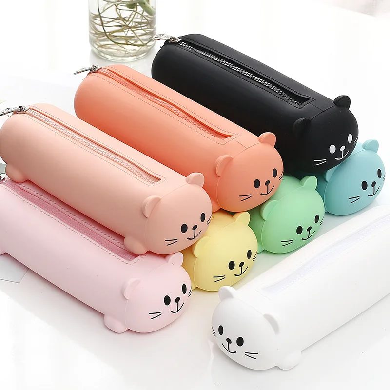 

Silicon Pencil Case Cute Bear Face Pen Bag Solid Color Kawaii Pencil Case Simple Design Zipper Pen Pouch Candy Color Stationary