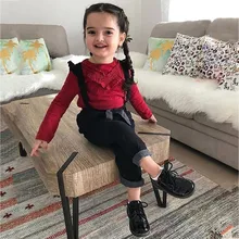 Блузка с бантом для маленьких девочек, топ, ремень в клетку, штаны, костюм, мягкая хлопковая смесь, одежда с длинными рукавами и круглым вырезом