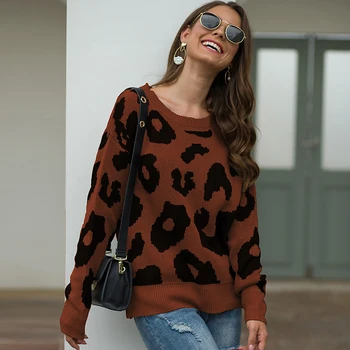

Autumn and Winter 2019 cross-border Amazon wish explosion leopard-print lady sweater round collar loose pullover sweater