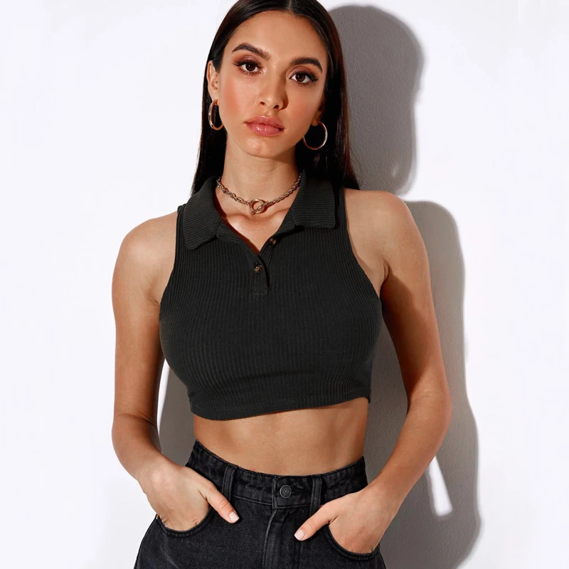 Fashion Casual Women Collar And Button Placket Crop Tank Top