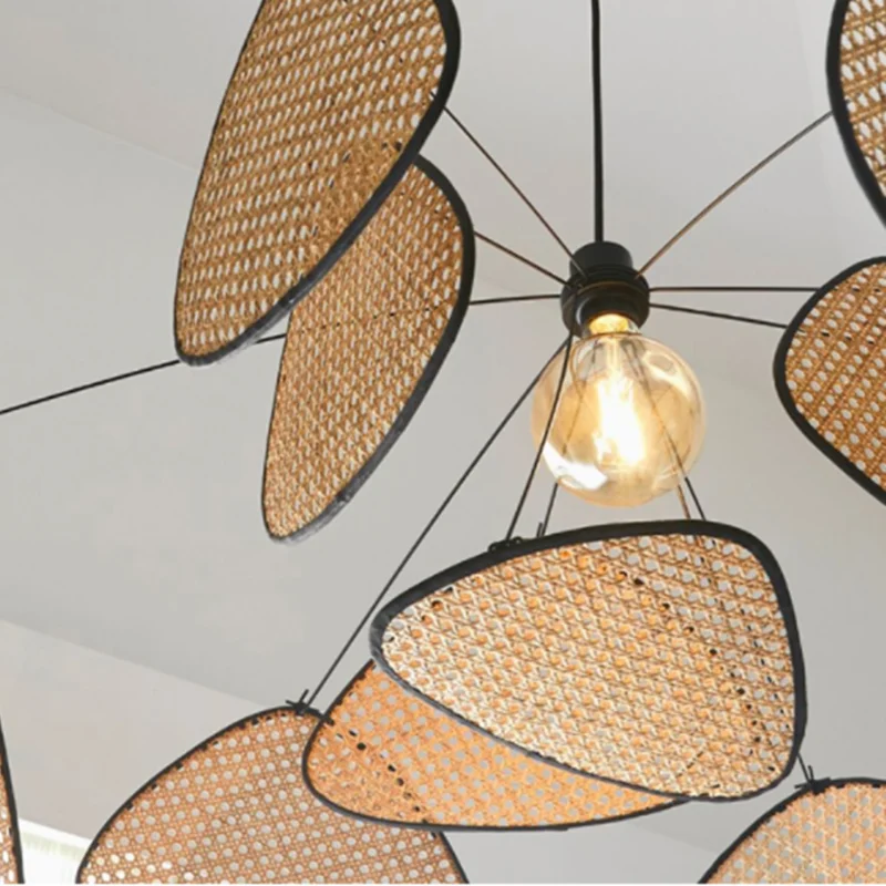 Rattan Chandelier Wicker Suspension Lamp Screen Cannage Kitchen Wood Bamboo e27 Creative Leaf Grid Hand designer lamp