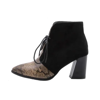 

Fanyuan Snakeskin Mixed Color PU Leather Flock Women Shoes Lace Up Square High Heel Fashion Pointed Toe Ankle Boots Size34-43
