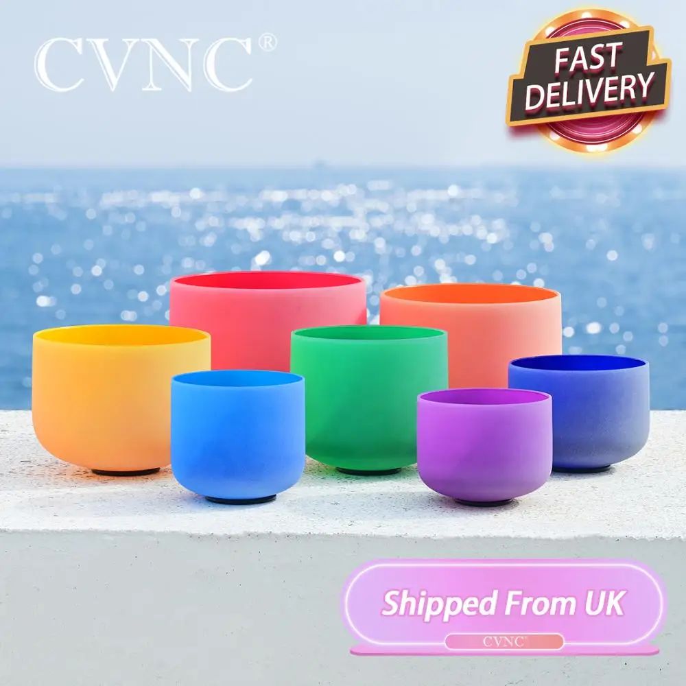 US $386.00 CVNC 612 Chakra Note Set of 7pcs CDEFGAB Colored Frosted Quartz Crystal Singing Bowl