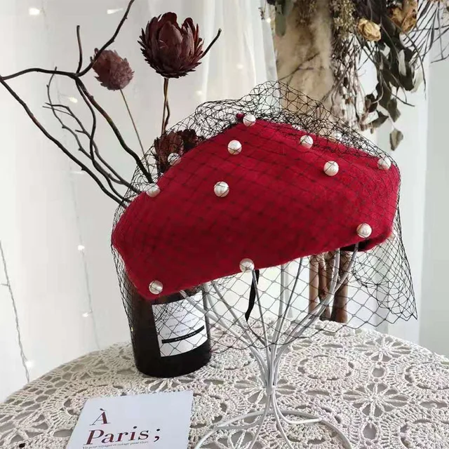 Chic Wool Blend Vintage London Beret With Veil Mesh Show Double Layer Women Beret Beanies Cap For Ladys Banquet Red
