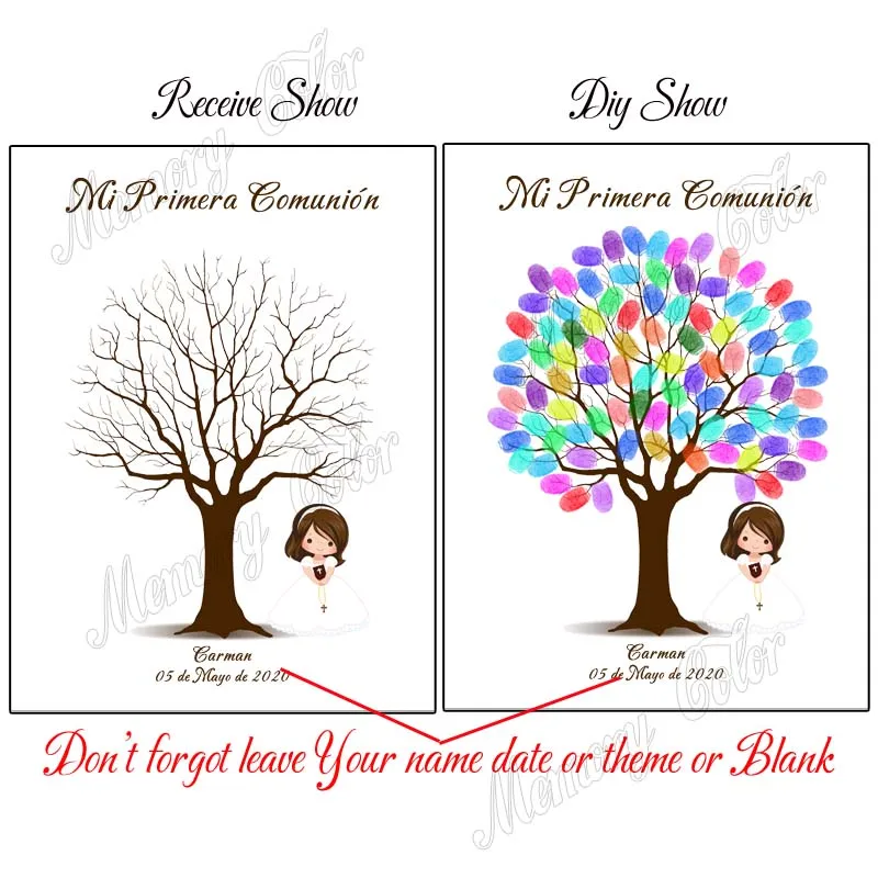 Name Date Spanish Mi Primera Comuni&oacute;n Fingerprint DIY Tree Painting for Kids First Communion Party Souvenir first communion fingerprint tree