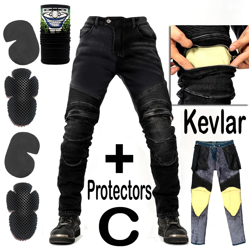 Kevlar Black C Ветрозащитный зимний теплый мотоцикл из кевлар плюс вельветовые джинсы брюки повседневные мужские мотоциклетные брюки мотокросса дорога Колено защитный - Цвет: Kevlar Black C