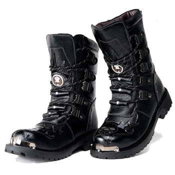 Botas militares de vaquero negro para Hombre, calzado Punk gótico de Metal para nieve, Botas para Hombre de motociclismo, Botas de vaquero Punk para Hombre 46