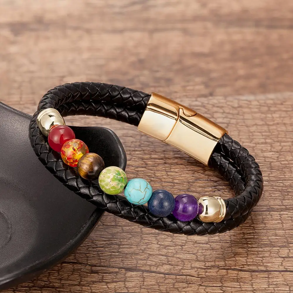 Bracelet Jewelry Chakra Men Bracelet 7 Color Natural Yoga Healing Stone Beads Bracelets Black Genuine Leather