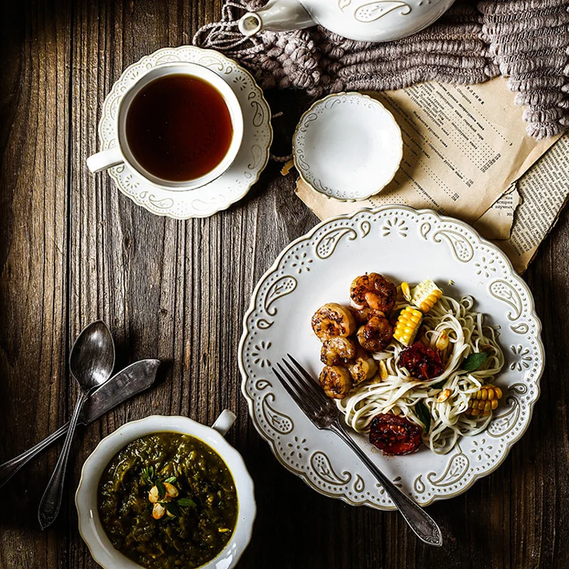 Antique Relief Ceramic Dinner Plate Set Porcelain Main Dish Serving Tray Dessert Salad Dishes Tableware For Restaurant Home Cafe