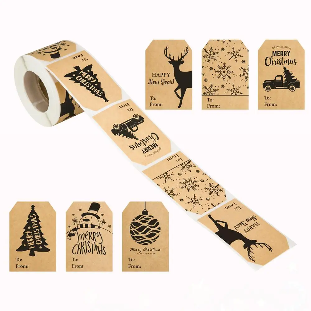 150Pcs 6 styles Kraft Christmas Gift Tags Stickers 2x3 Inch Snowflake Christmas Tree Decoration labels Office Stationery Sticker