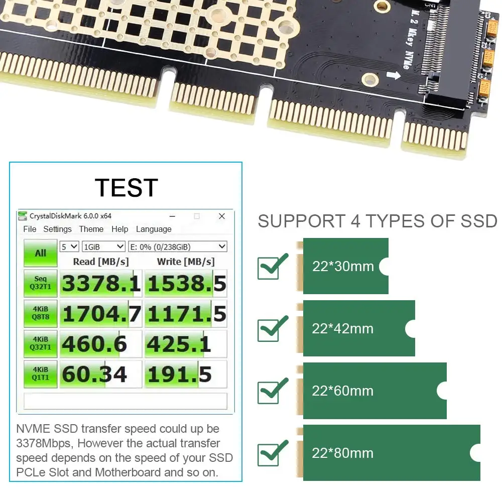 Onvian M.2 NVME Adapter SSD To PCIe Card M2 Key M Driver With Silicone Cooling Pad Hard Drive Adapter Support PCIe x4x8x16 Slot
