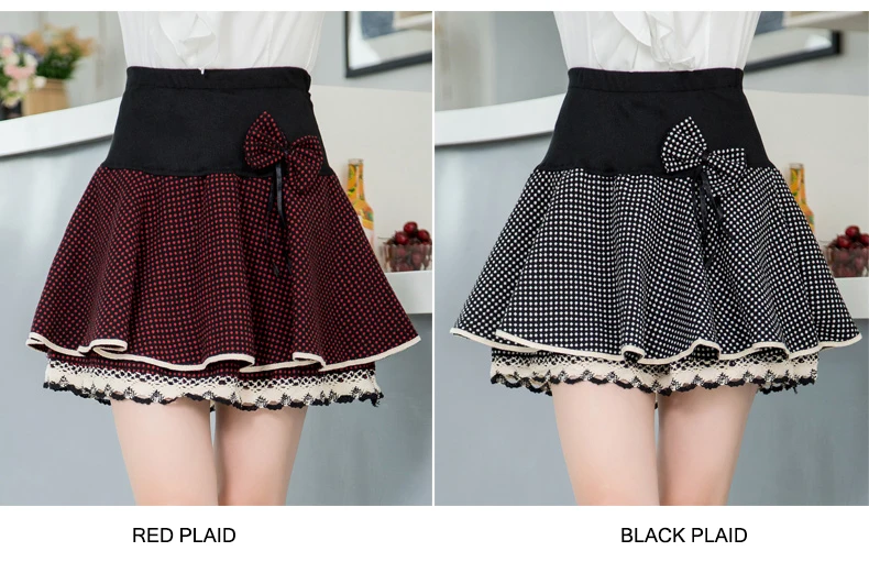 Autumn Winter Plaid Elastic Waist Thick Wool Mini Skirts Womens High Waist Fluffy Pleated Female Black Kawaii A Line Skirt C365