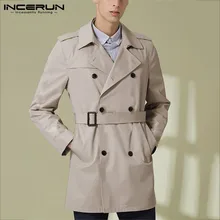 INCERUN, модная классическая верхняя одежда для мужчин, однотонный Двубортный повседневный Тренч с поясом, пальто, высокая уличная Мужская ветровка, верхняя одежда