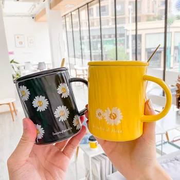 

High quality Daisy ceramic mug cute art mug with lid spoon creative coffee milk breakfast mug Drinkware Novelty Gifts