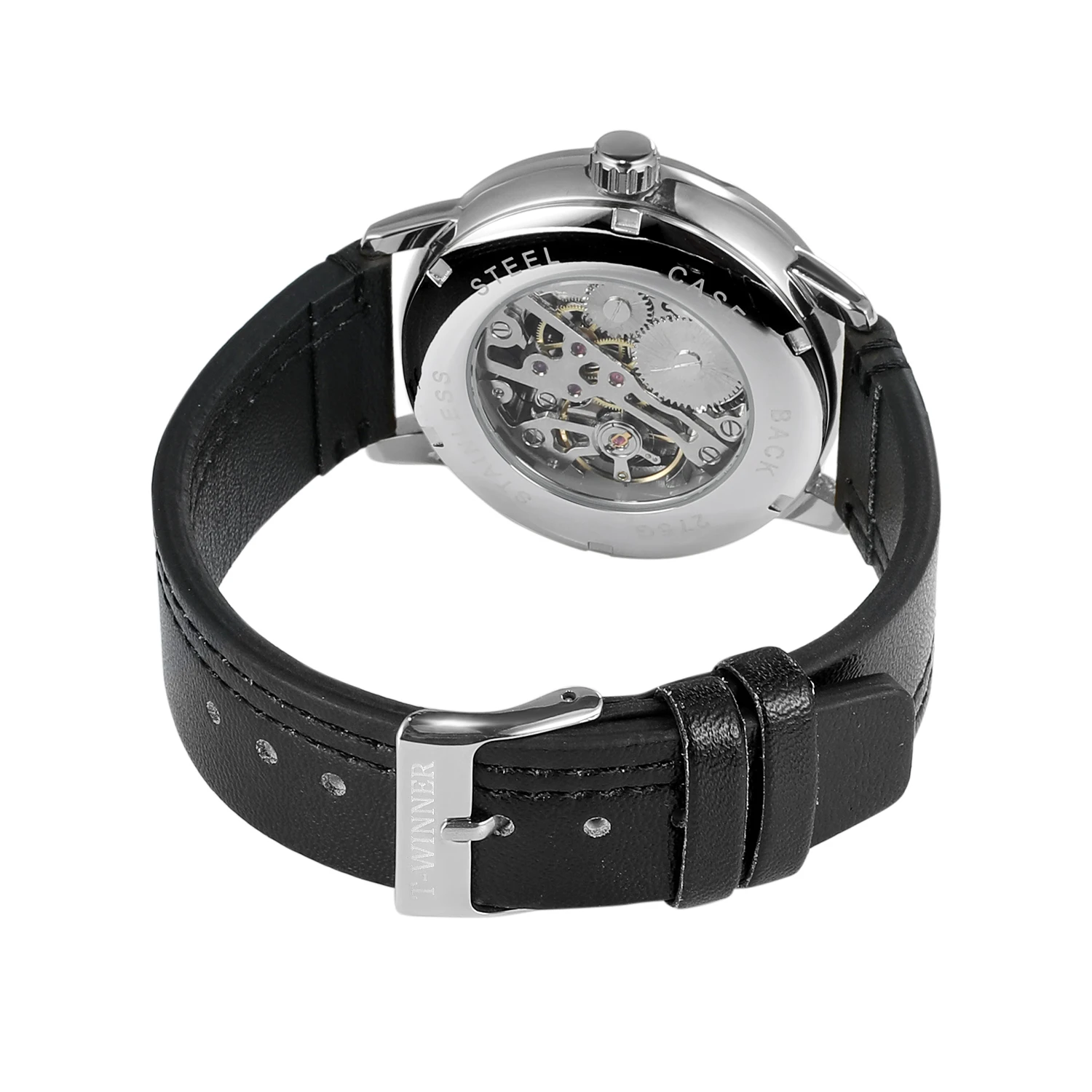 T-WINNER Modische, schlichte und lässige Herrenuhr mit schwarzem Zifferblatt, silbernem Gehäuse, schwarzem Lederarmband, automatische mechanische Uhr_voghion.com