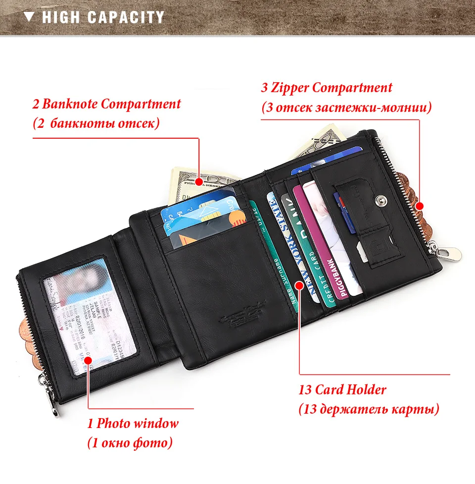 100% Cow Leather Men Wallets Classic Short Style Card Holder Male Purse Quality Zipper Large Capacity Brand Luxury Wallet For Me