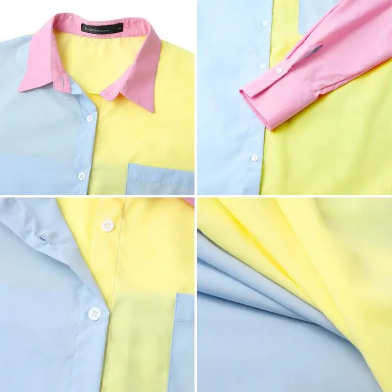 Celmia 2021 Fashion Women Long Shirt Elegant Long Sleeve Blouse Casual Buttons Vintage Tops Color Patchwork Asymmetrical Blusas