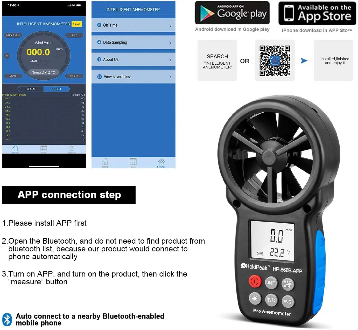 GKD HOLDPEAK 866B-APP Digital-Anemometer Hand APP mit drahtlosem Bluetooth Vane Windgeschwindigkeit Metern zum Messen des Wind 