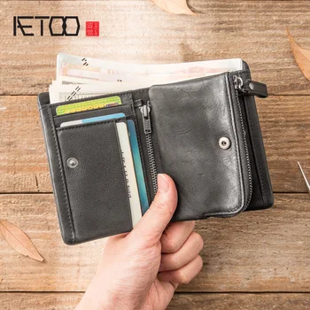 

AETOO Leather vertical men's wallet, zipper multi-function driver's license card bag, head leather wallet, wallet men