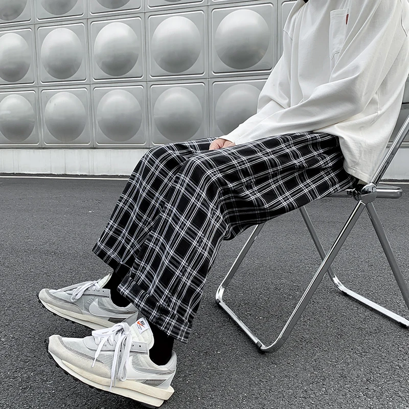Men Wide Leg Casual Pants Plaid Ankle Length Elastic Waist