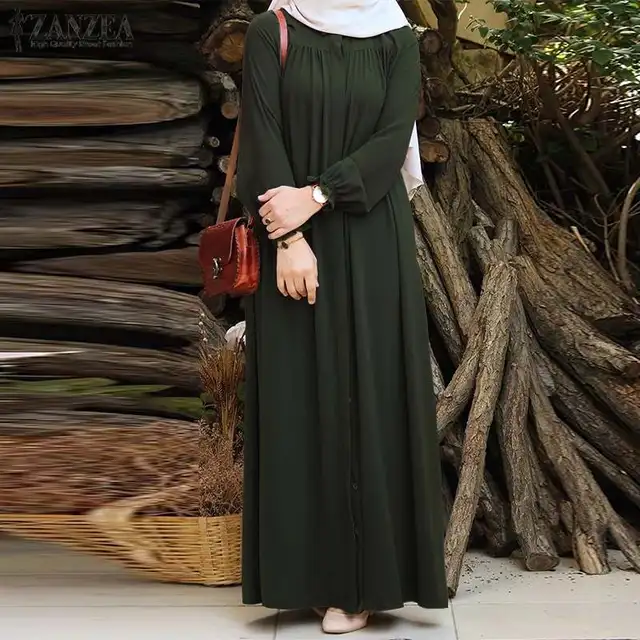 ZANZEA Women Vintage Dubai Abaya Turkey Hijab Dress Autumn Sundress Solid Muslim Islamic Clothing Long Sleeve Maxi Long Dress 2