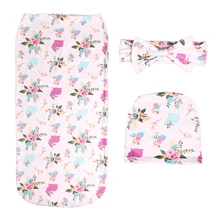 Милый мягкий спальный мешок из трех предметов для мальчиков, комплект с внутренней прострочкой, легкий комплект для новорожденных с бантиком, повязка на голову для девочек