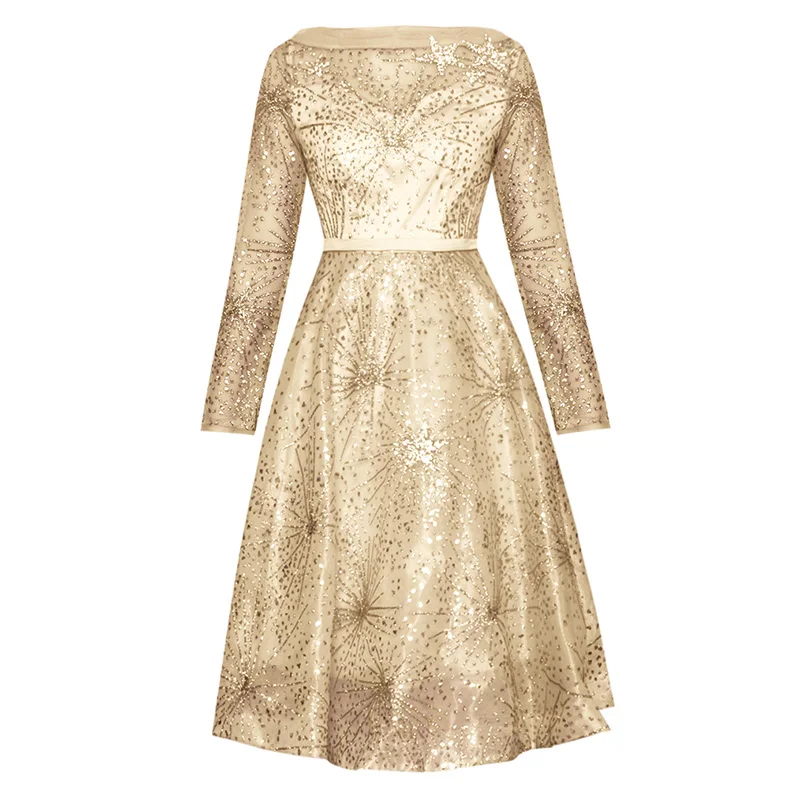 

runway dress designers 2019 see through bling bling silver/apricot sequin round neck long sleeve knee length ball gown dress