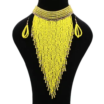 

European Fashion National Women Long Beading Chokers Star Punk Colorful Chunky Tassels Bead Chains Necklace Earrings set
