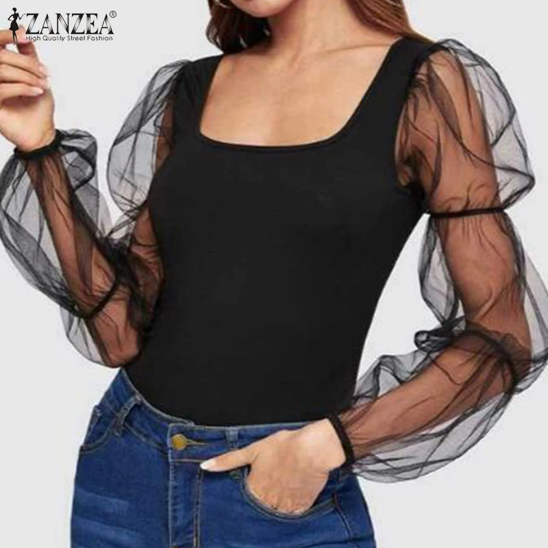 

Plus Size Tunic Women's Square Neck Blouse 2020 ZANZEA Elegant Puff Sleeve Summer Tops Casual Blusa Female Lace Stiching Shirts