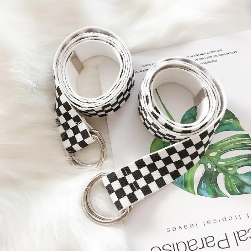 

2020 New Unisex Canvas Belts Plaid Printed D Ring Double Buckle Punk Waist Strap Women Men Teenager Long Wide Black Jeans Belt
