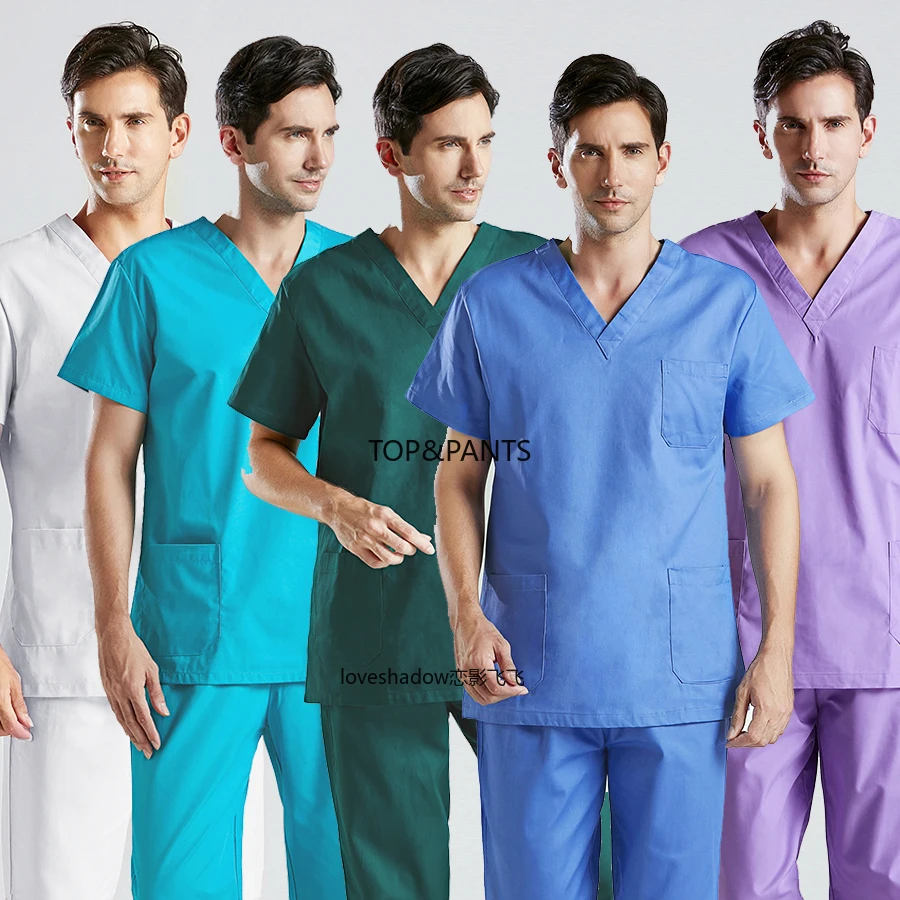 

Plug Size XS-3XL Pure Cotton Men Uniforms V Neck Scrub Top and Elastic Waist with Drawstring Pants Workwear Clothing Cotton