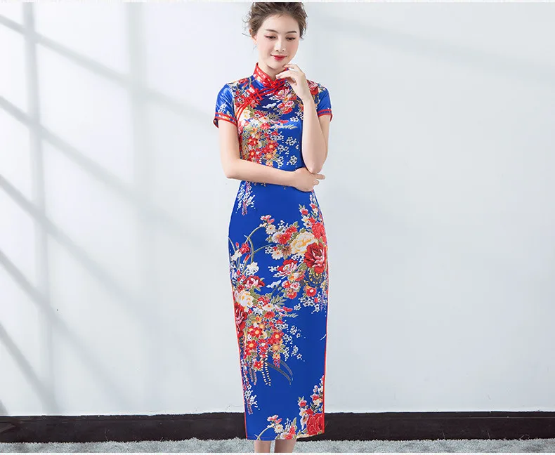 Sheng Coco леди синий шелк Cheongsam платья элегантный Шанхай Китай стильный с разрезом длинные Chipao XXXL