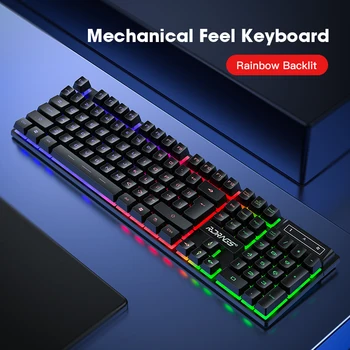 Kit de teclado con cable para Gaming, Mouse retroiluminado, sensación mecánica, PC, juego retroiluminado, 104 teclas, teclas, arcoíris 2
