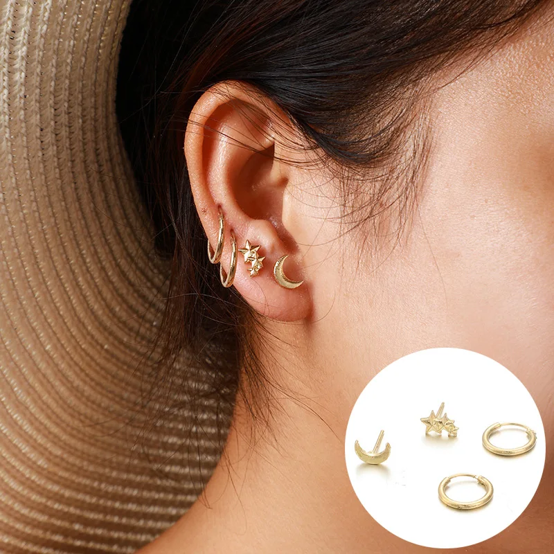 Для женщин стержня уха модная одежда для девочек из сплава с изображением луны и звезд, серьги-Клипсы Серьги-гвоздики простая элегантная 4 шт./компл. ювелирные изделия Аксессуары подарок девушке J55