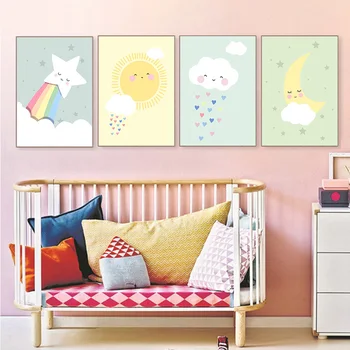 

Sun Moon Stars Dark Clouds Rainbow Picture Baby Nursery Cartoons Wall Art Poster and Print Painting Nordic Kid Room Decor