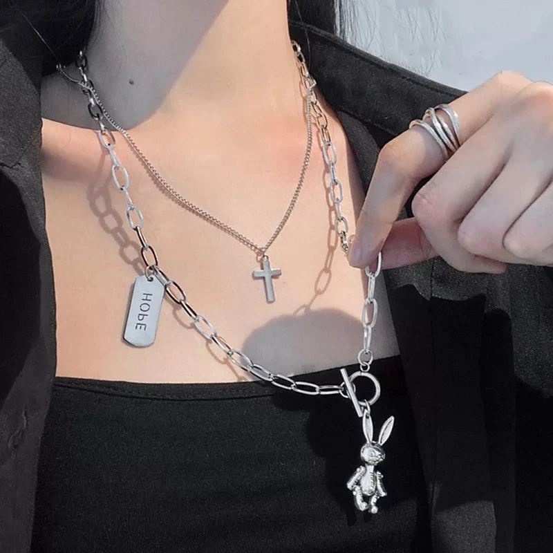 

LATS 2021 Fashion Multilayer Hip Hop Long Chain Necklace for Women Men Jewelry Coin Rabbit Cross Pendant Necklace Accessories