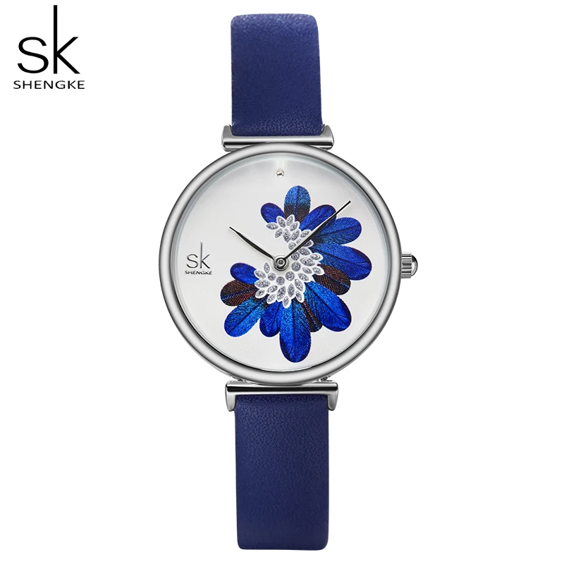 Shengke SK, женские часы, Лидирующий бренд, Роскошные, с кожаным ремешком, женские наручные часы, с синими перьями, кварцевые женские часы, reloj mujer - Цвет: Blue