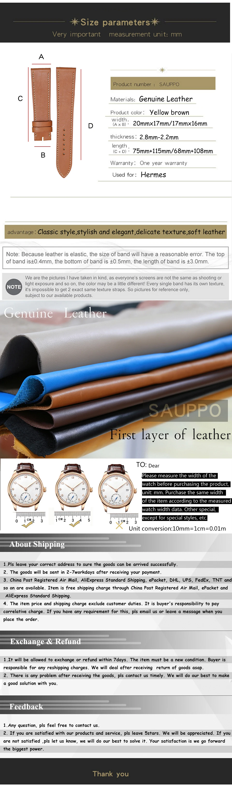 SAUPPO подходит для Hermes HH1.201.130 028104 020997 036793 17 мм 20 мм Телячья кожа гладкое зерно часы ремешок