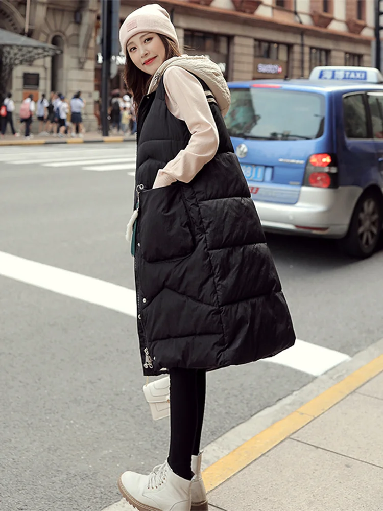 

Down Cotton Vest Female Long Section Autumn and Winter 2019 New Korean Style Hit Color Vest Jacket Hooded Casual Waistcoat f1717