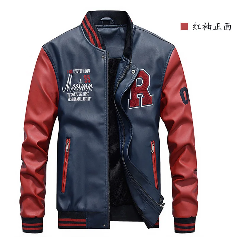 

Men Autumn And Winter plus Velvet Short Ouma Leather Jacket Baseball Uniform America Air Force Flight Suit PU Leather yi chao