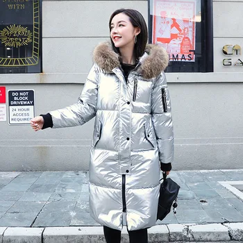 

Fashion Winter Women's Long Glossy Big Fur Collar Silver Down Jackets Hooded Coat Parkas Thick Winter Jacket Women Outwear