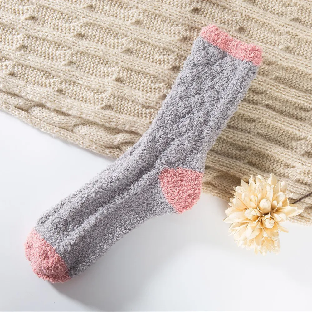Женские нескользящие носки-тапочки из кораллового флиса, зимние толстые теплые повседневные домашние носки, мягкие лоскутные носки средней длины# A - Цвет: C