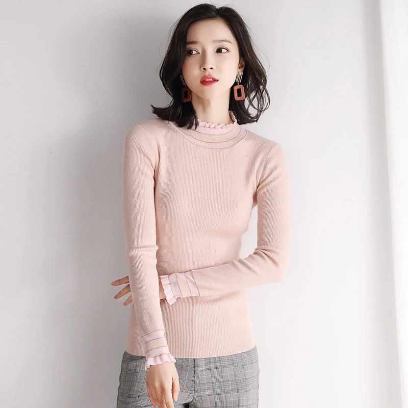 

Women Turtleneck Ruched Glitter Sweater High Elastic 2020 Fall Winter Fashion Slim Sweater Sexy Knitted Pullovers Pink Black New