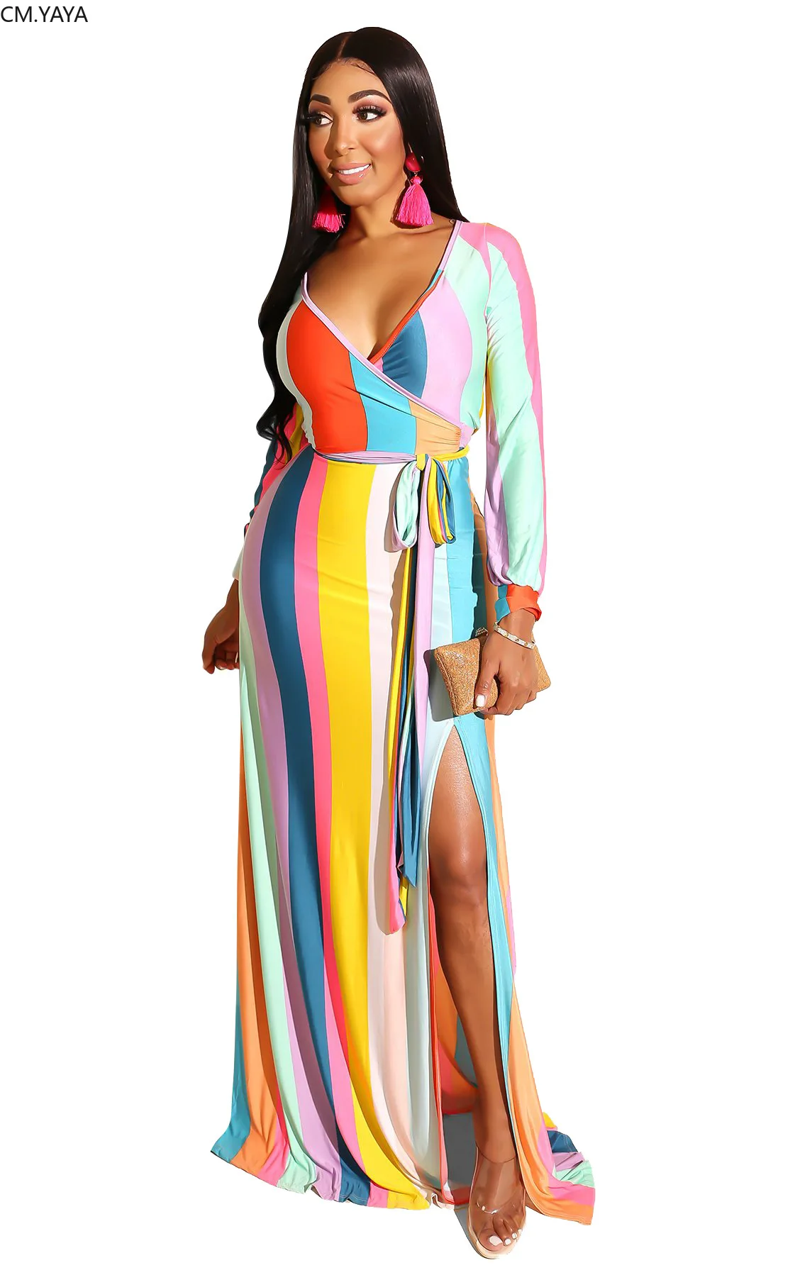 2019 Женская Осенняя блузка с v-образным вырезом длинные рукава c бантом в полоску