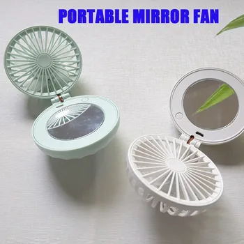 

Portable Handheld Mini Pocket Fan USB Rechargeable LED Light with Makeup Mirror Cosmetic Mirror with for Tabletop Bathroom Trave