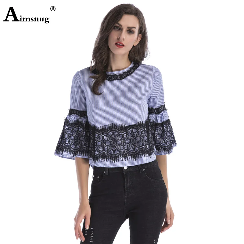 

Women Leisure Blouse Latest Stripe Print Splice Lace Blue O-neck 3/4 Flared Sleeve Tops Office Ladies Shirt blusas mujer de moda