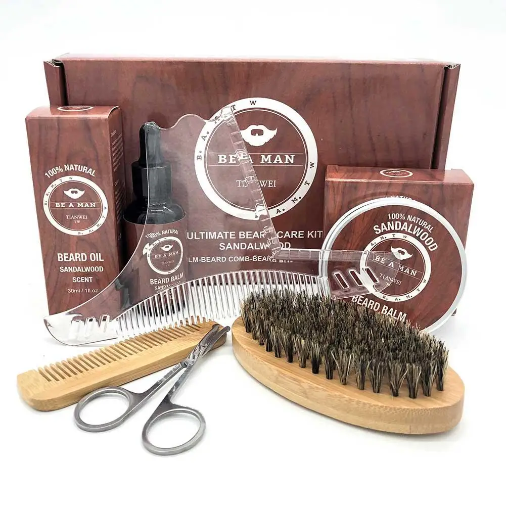 Beard Clean Set Trimming Kit With Essential Shampoo Brush Comb Oil Cream Scissors For Men Cleanse 1