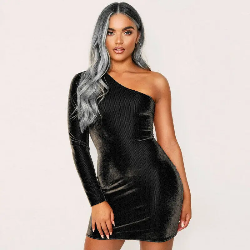 Популярное модное сексуальное Бархатное облегающее мини-платье на одно плечо с