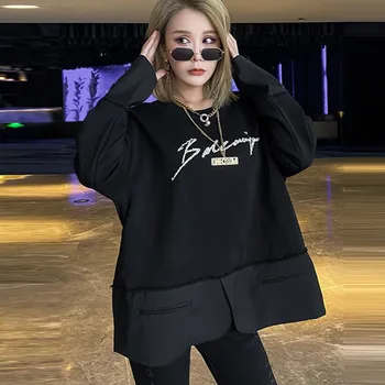 

Loose Patchwork Hit Color Split Sweatshirt Letter Sequin Women Clothes 2020 Spring New Fashion Match All Casual Top DMY4002